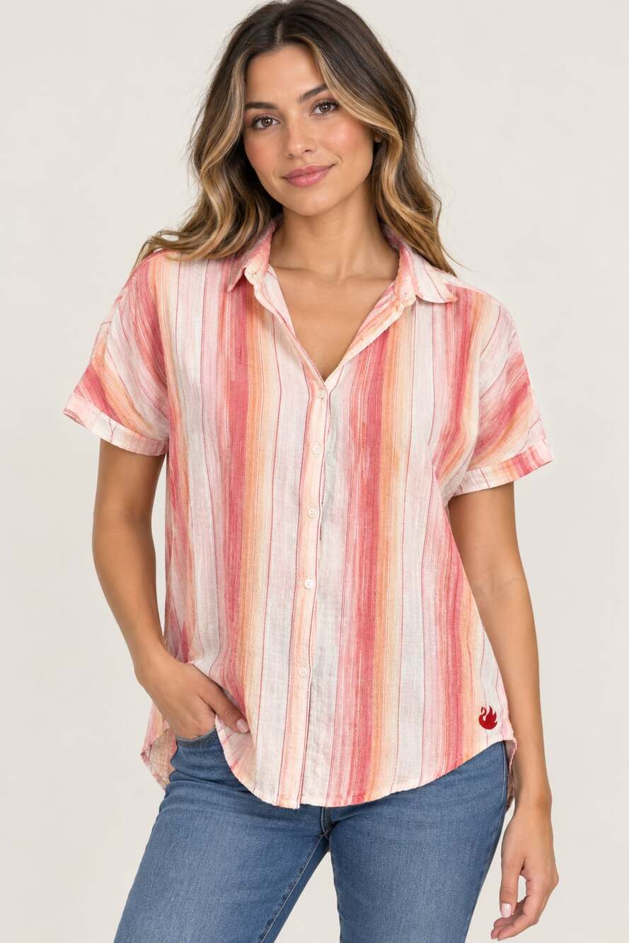 Gloria Vanderbilt Button-Down Shirt Size M Striped Short Sleeve Pink